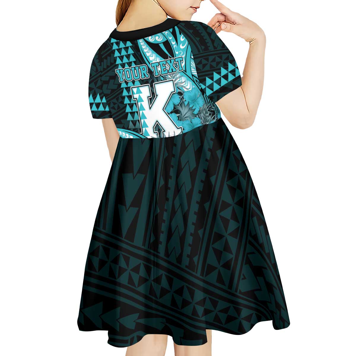 Personalised Hawaii Kapolei High School Kid Short Sleeve Dress Tribal Tattoo With Hibiscus Flowers