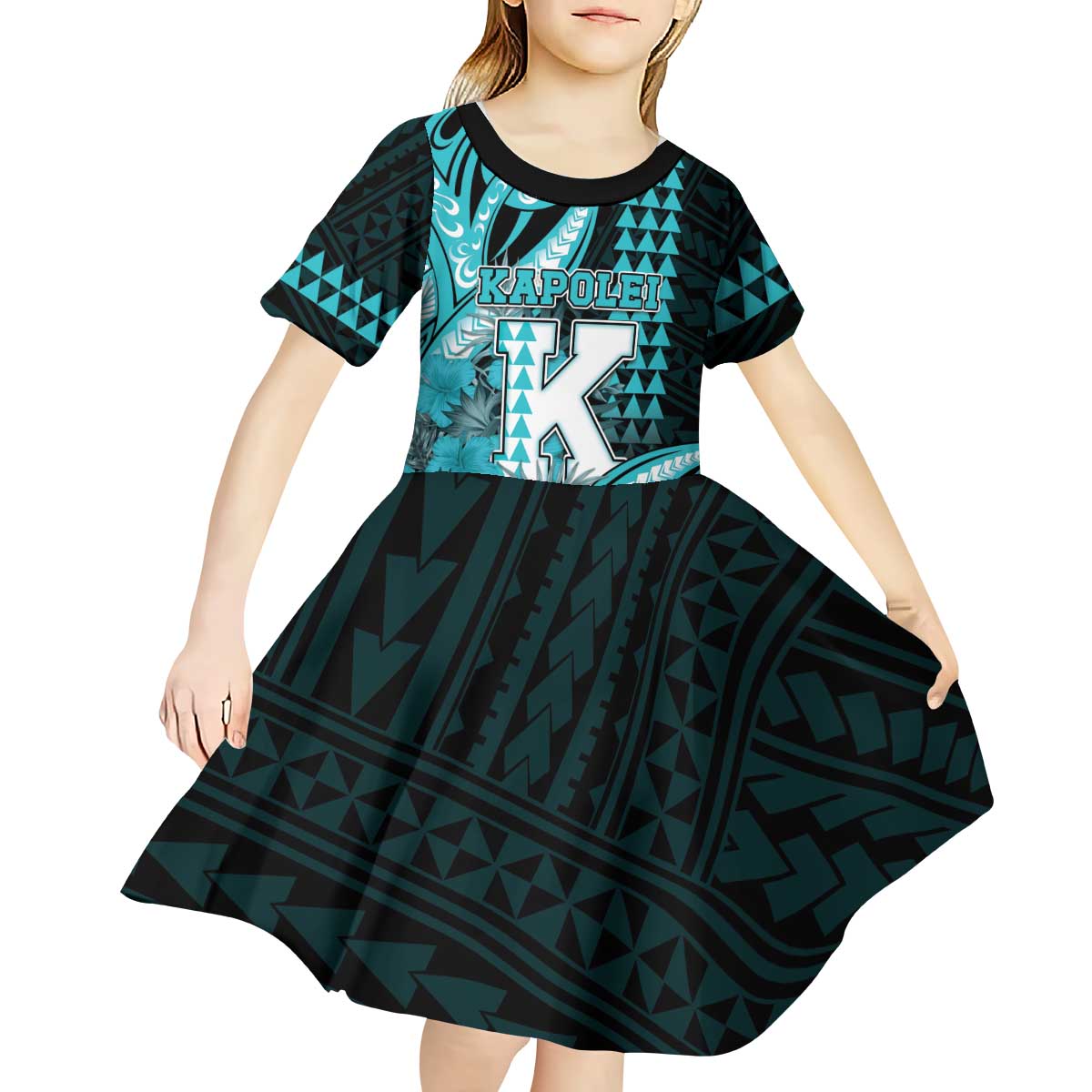 Personalised Hawaii Kapolei High School Kid Short Sleeve Dress Tribal Tattoo With Hibiscus Flowers