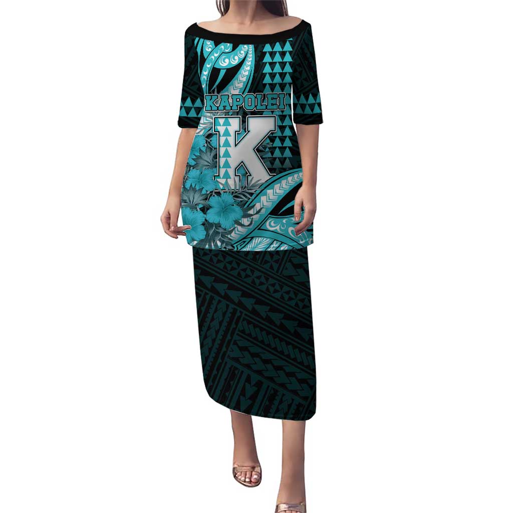 Personalised Hawaii Kapolei High School Puletasi Tribal Tattoo With Hibiscus Flowers LT05 Long Dress Dark Teal - Polynesian Pride
