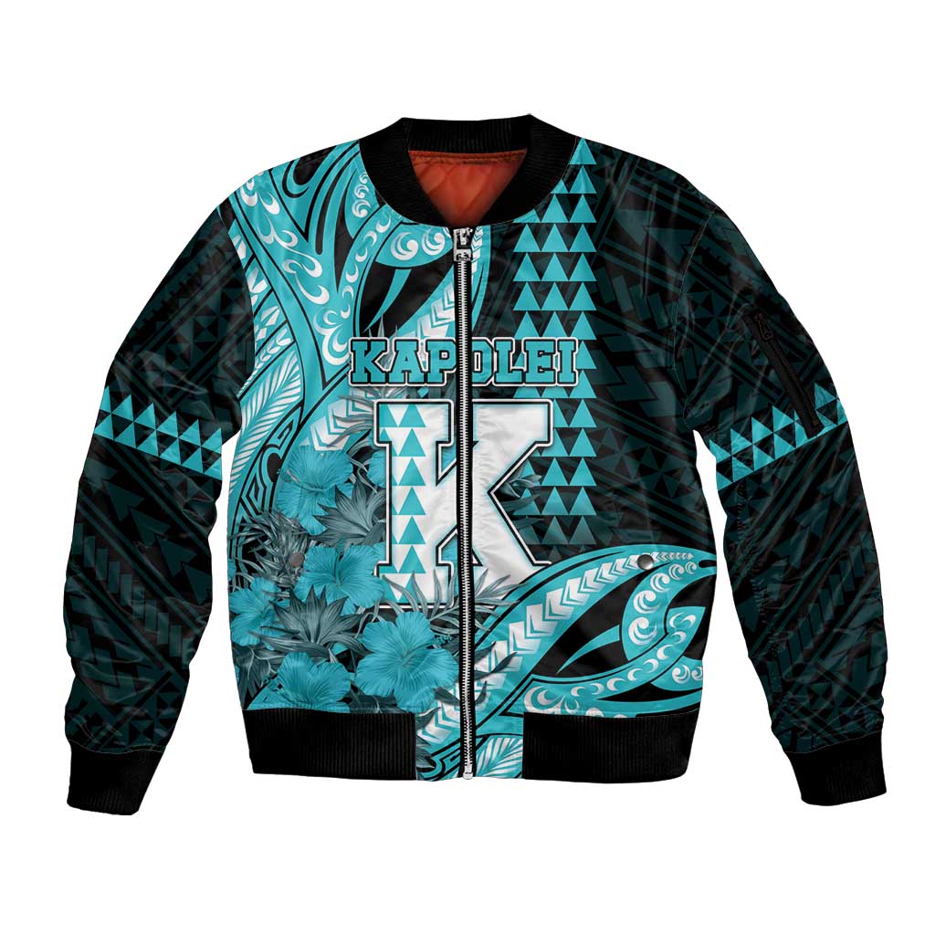 Personalised Hawaii Kapolei High School Sleeve Zip Bomber Jacket Tribal Tattoo With Hibiscus Flowers LT05 Unisex Dark Teal - Polynesian Pride