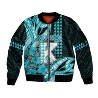 Personalised Hawaii Kapolei High School Sleeve Zip Bomber Jacket Tribal Tattoo With Hibiscus Flowers LT05 Unisex Dark Teal - Polynesian Pride