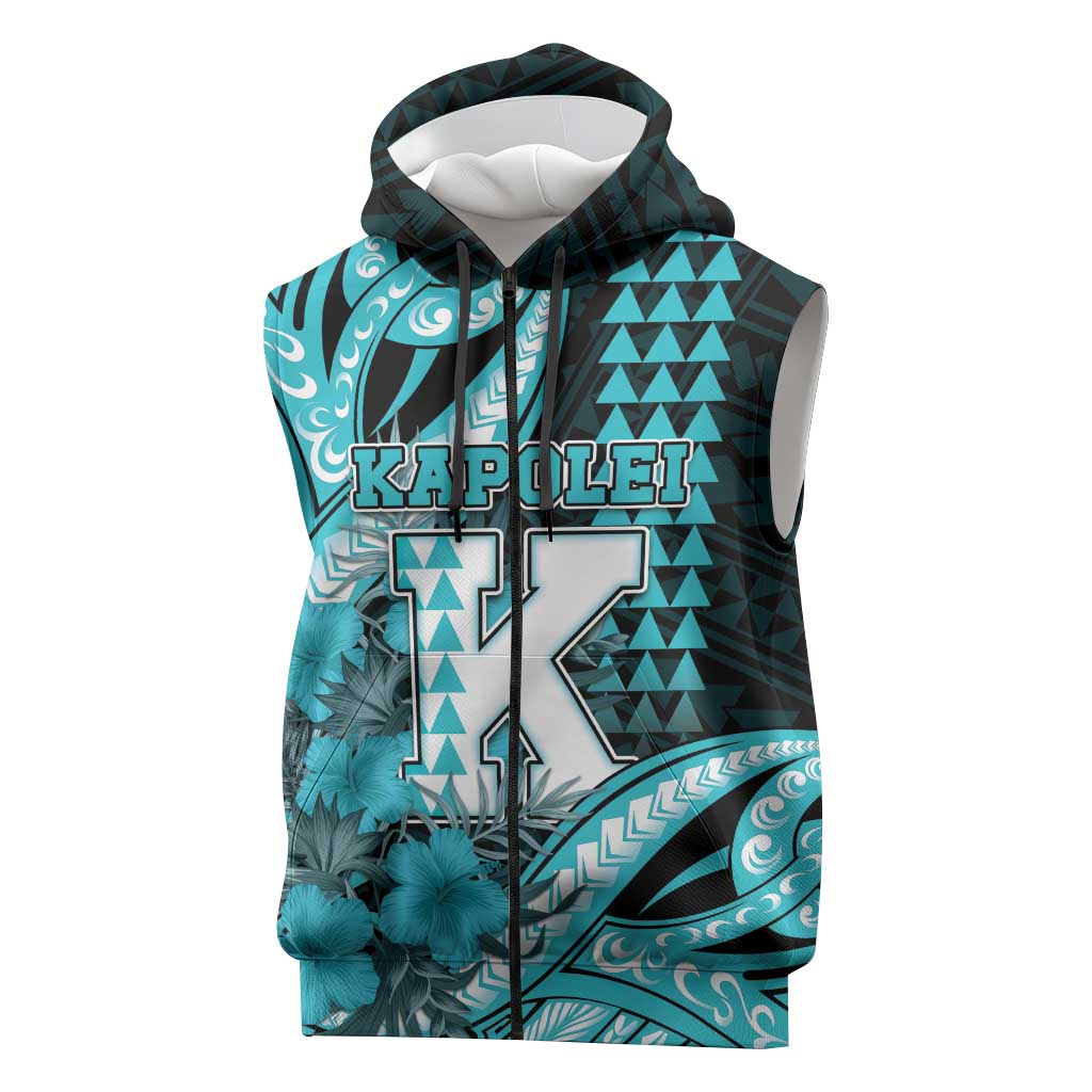 Personalised Hawaii Kapolei High School Sleeveless Zip Hoodie Tribal Tattoo With Hibiscus Flowers LT05 Dark Teal - Polynesian Pride