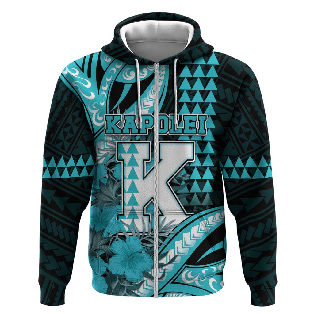 Personalised Hawaii Kapolei High School Zip Hoodie Tribal Tattoo With Hibiscus Flowers LT05 Zip Hoodie Dark Teal - Polynesian Pride