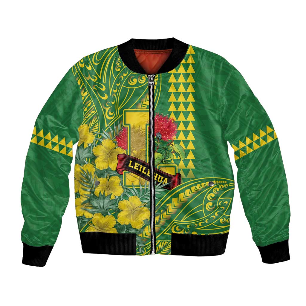 Personalised Hawaii Leilehua High School Bomber Jacket Tribal Tattoo With Hibiscus Flowers LT05 Unisex Green - Polynesian Pride