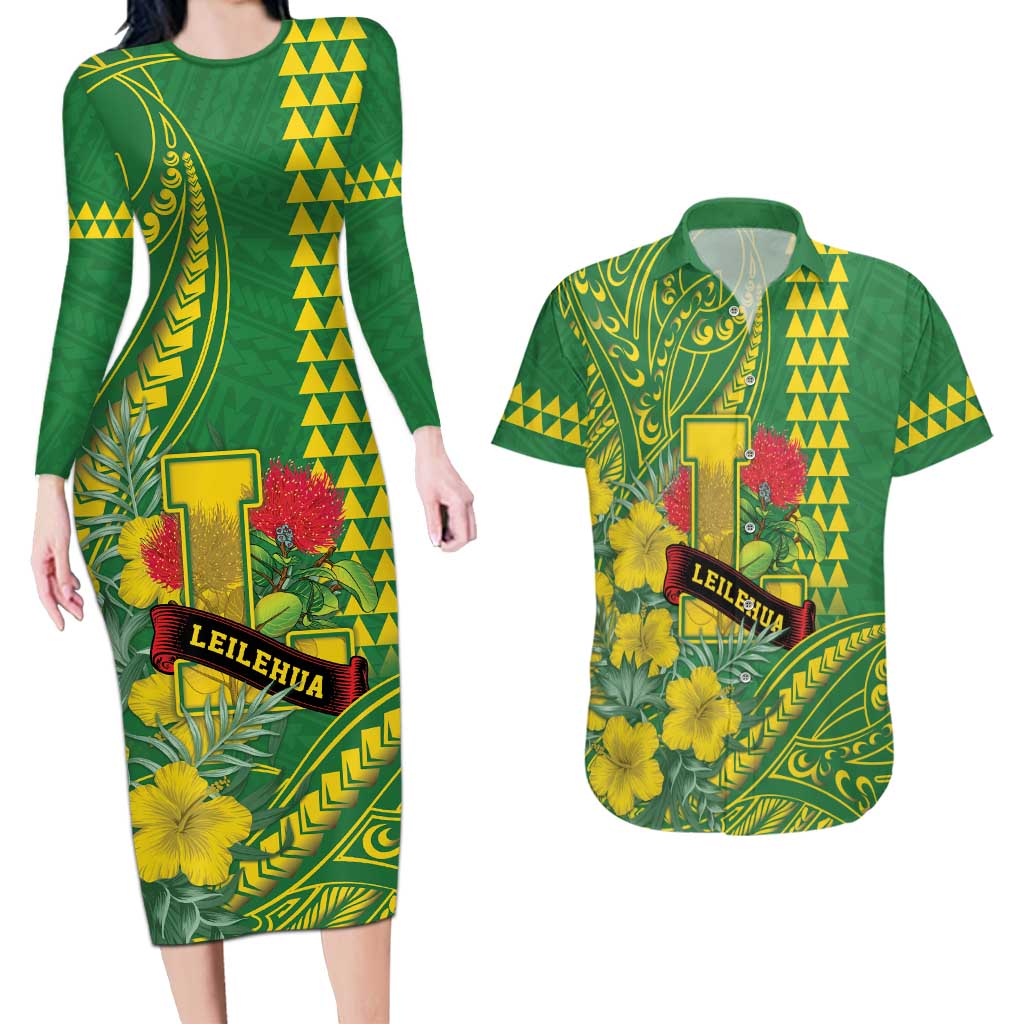Personalised Hawaii Leilehua High School Couples Matching Long Sleeve Bodycon Dress and Hawaiian Shirt Tribal Tattoo With Hibiscus Flowers