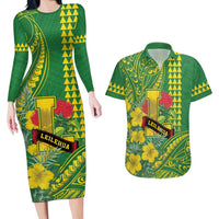 Personalised Hawaii Leilehua High School Couples Matching Long Sleeve Bodycon Dress and Hawaiian Shirt Tribal Tattoo With Hibiscus Flowers