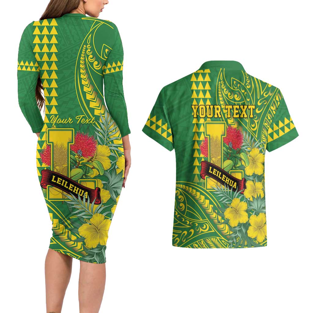 Personalised Hawaii Leilehua High School Couples Matching Long Sleeve Bodycon Dress and Hawaiian Shirt Tribal Tattoo With Hibiscus Flowers