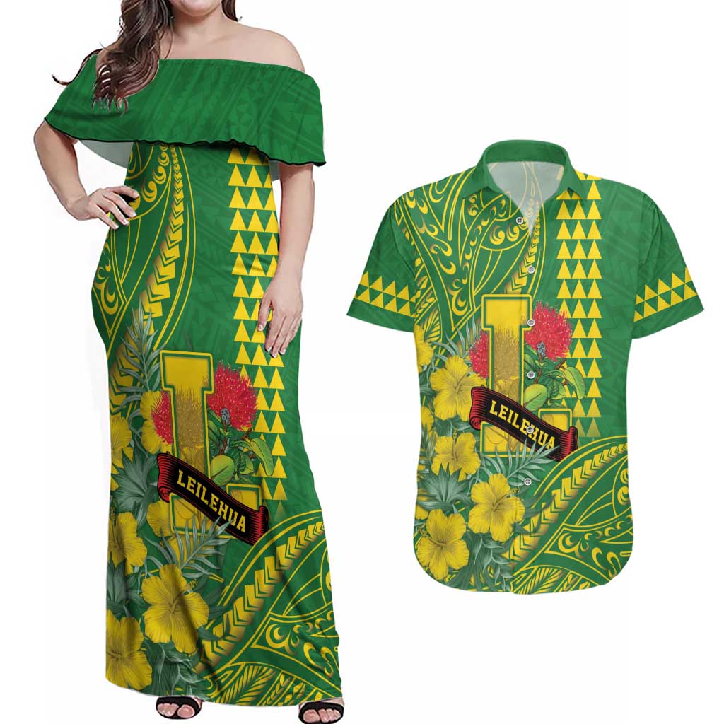 Personalised Hawaii Leilehua High School Couples Matching Off Shoulder Maxi Dress and Hawaiian Shirt Tribal Tattoo With Hibiscus Flowers LT05 Green - Polynesian Pride