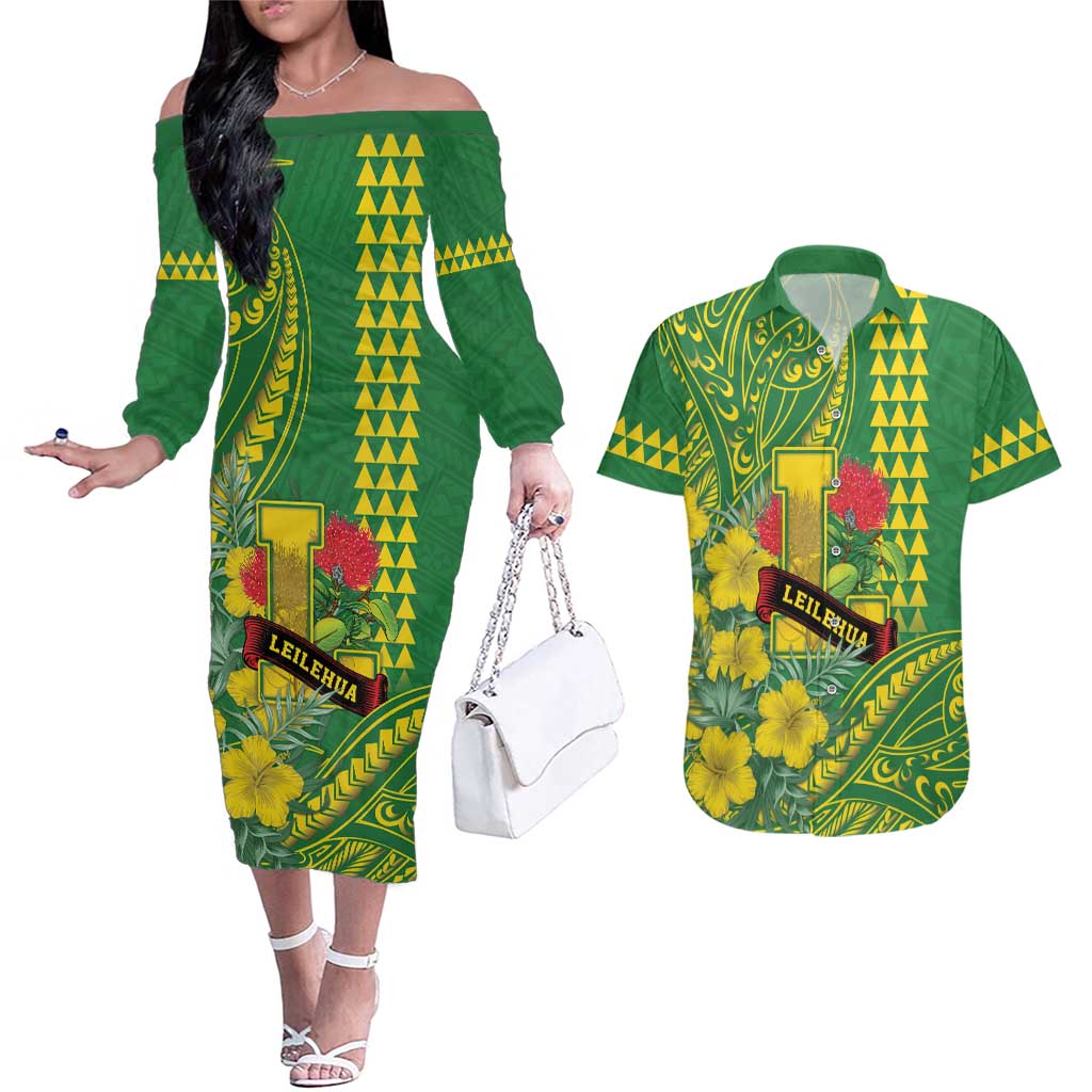 Personalised Hawaii Leilehua High School Couples Matching Off The Shoulder Long Sleeve Dress and Hawaiian Shirt Tribal Tattoo With Hibiscus Flowers