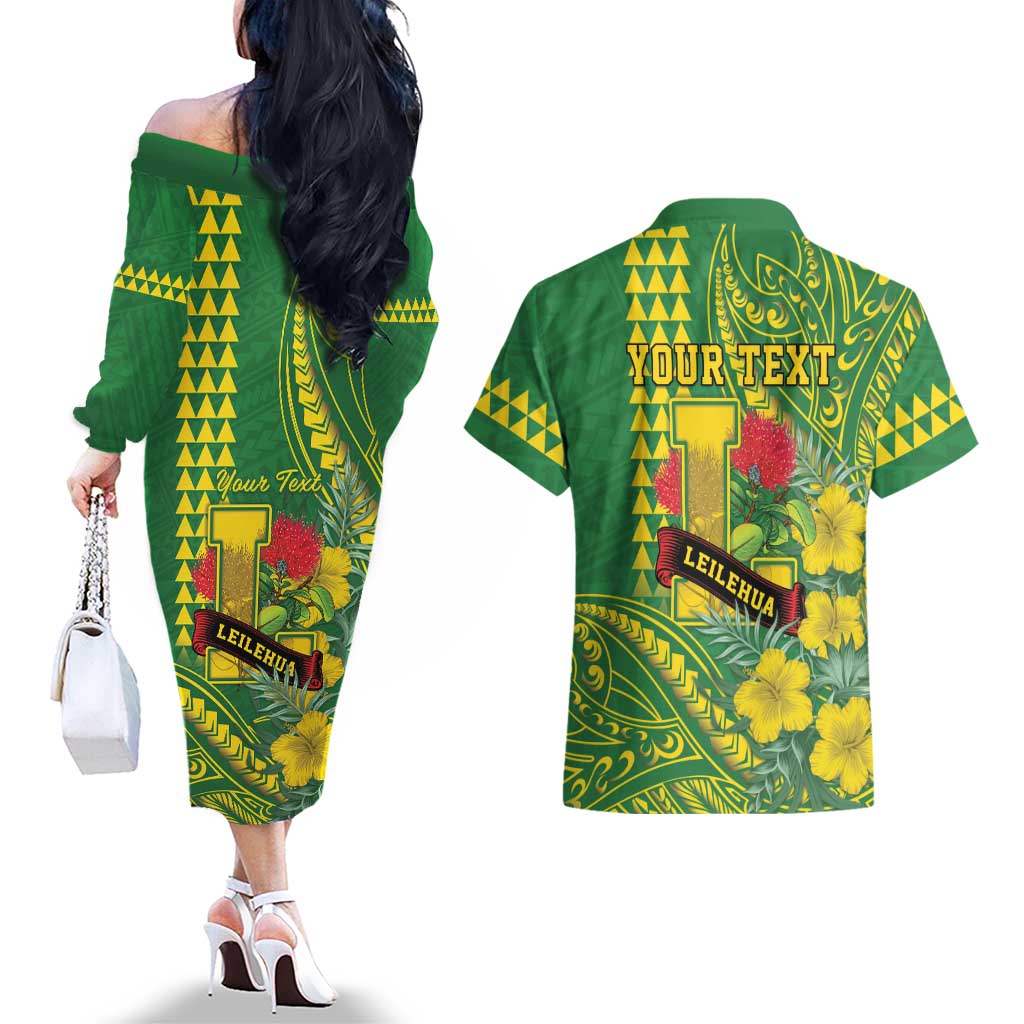 Personalised Hawaii Leilehua High School Couples Matching Off The Shoulder Long Sleeve Dress and Hawaiian Shirt Tribal Tattoo With Hibiscus Flowers