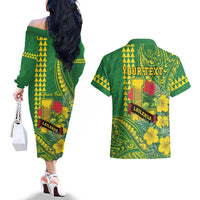 Personalised Hawaii Leilehua High School Couples Matching Off The Shoulder Long Sleeve Dress and Hawaiian Shirt Tribal Tattoo With Hibiscus Flowers