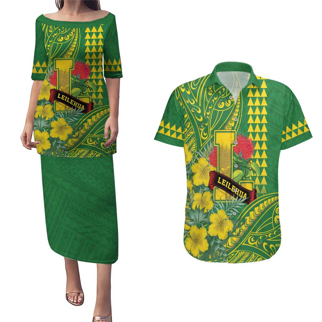 Personalised Hawaii Leilehua High School Couples Matching Puletasi and Hawaiian Shirt Tribal Tattoo With Hibiscus Flowers LT05 Green - Polynesian Pride