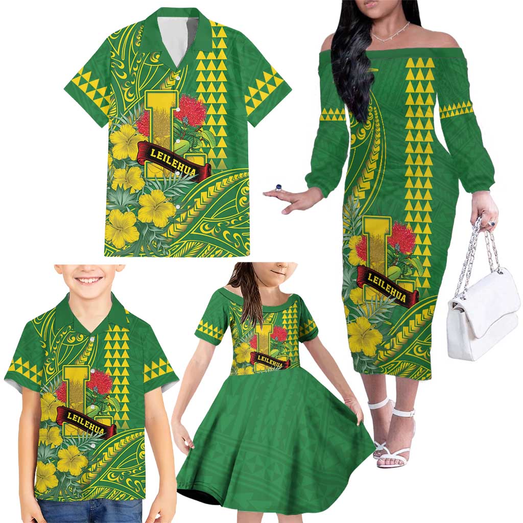 Personalised Hawaii Leilehua High School Family Matching Off The Shoulder Long Sleeve Dress and Hawaiian Shirt Tribal Tattoo With Hibiscus Flowers LT05 - Polynesian Pride