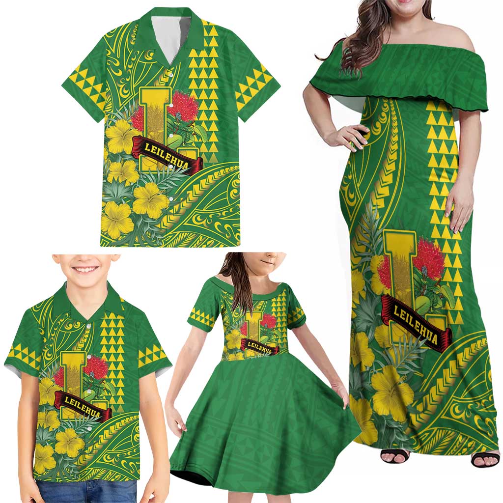 Personalised Hawaii Leilehua High School Family Matching Off Shoulder Maxi Dress and Hawaiian Shirt Tribal Tattoo With Hibiscus Flowers