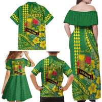 Personalised Hawaii Leilehua High School Family Matching Off Shoulder Maxi Dress and Hawaiian Shirt Tribal Tattoo With Hibiscus Flowers