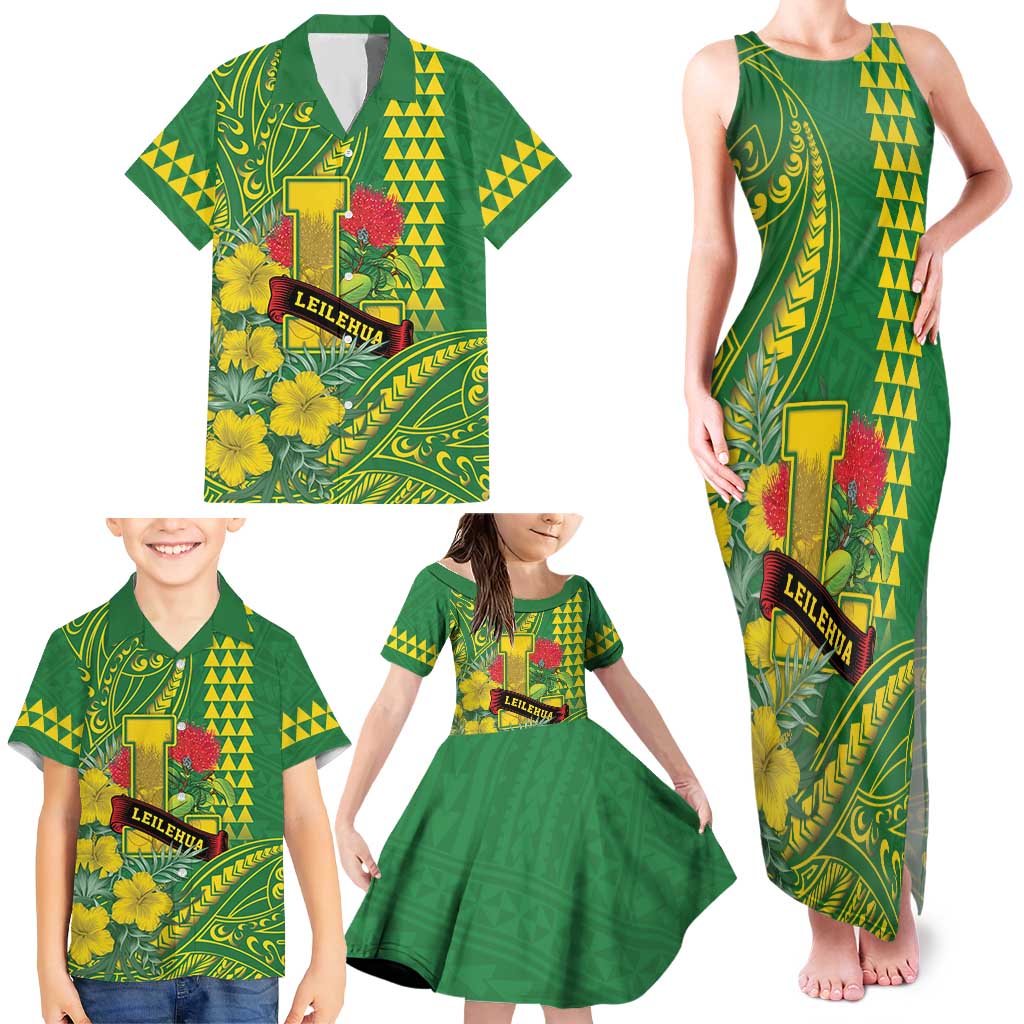 Personalised Hawaii Leilehua High School Family Matching Tank Maxi Dress and Hawaiian Shirt Tribal Tattoo With Hibiscus Flowers