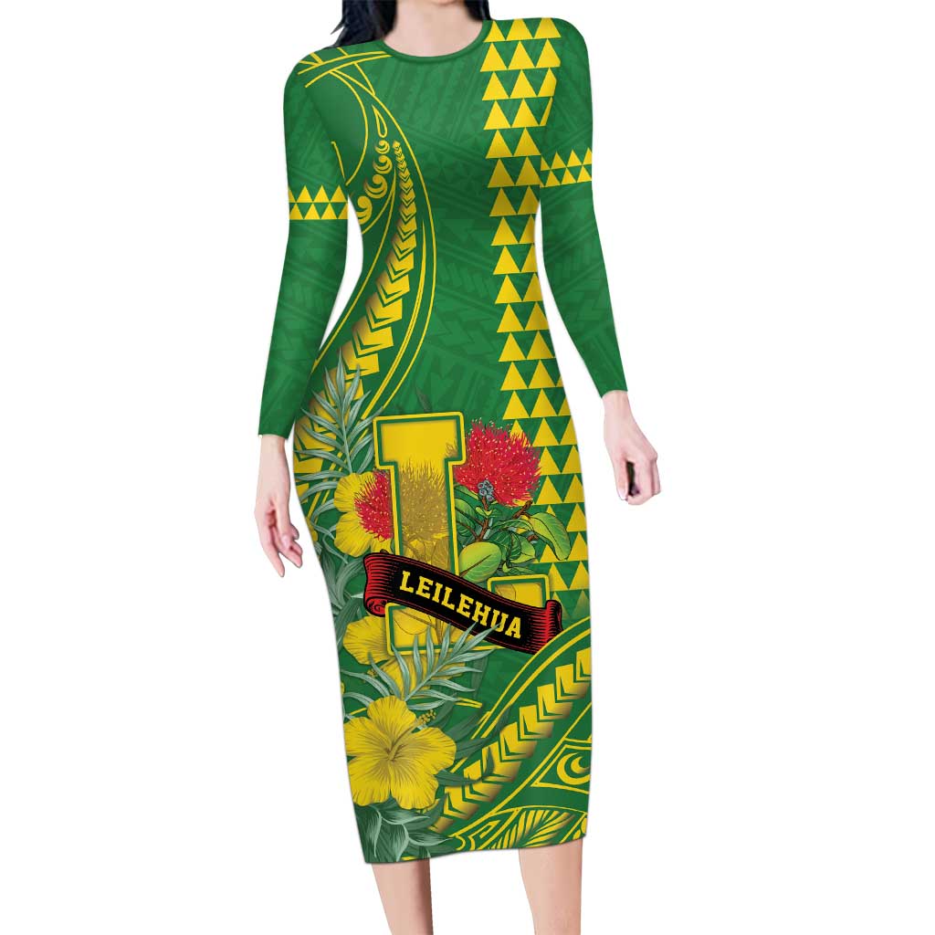 Personalised Hawaii Leilehua High School Long Sleeve Bodycon Dress Tribal Tattoo With Hibiscus Flowers LT05 Long Dress Green - Polynesian Pride