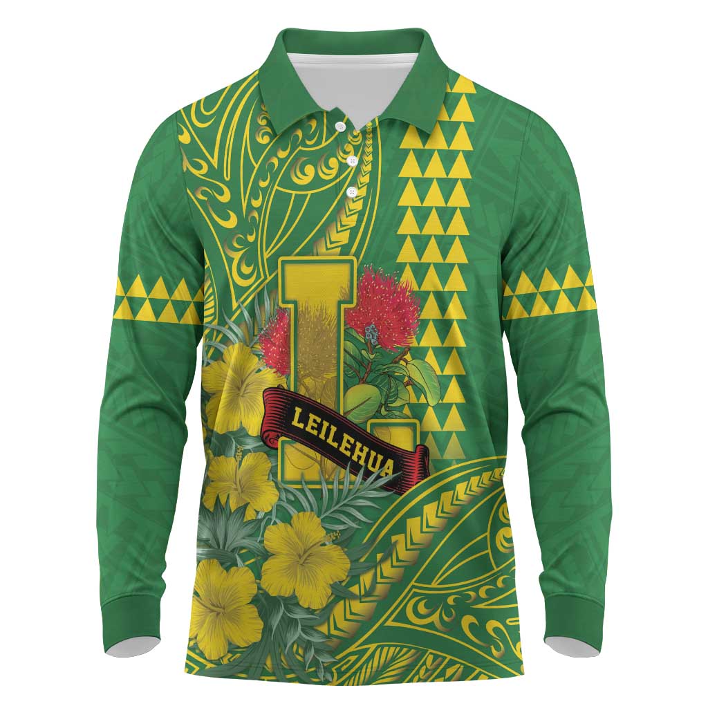 Personalised Hawaii Leilehua High School Long Sleeve Polo Shirt Tribal Tattoo With Hibiscus Flowers LT05 Green - Polynesian Pride