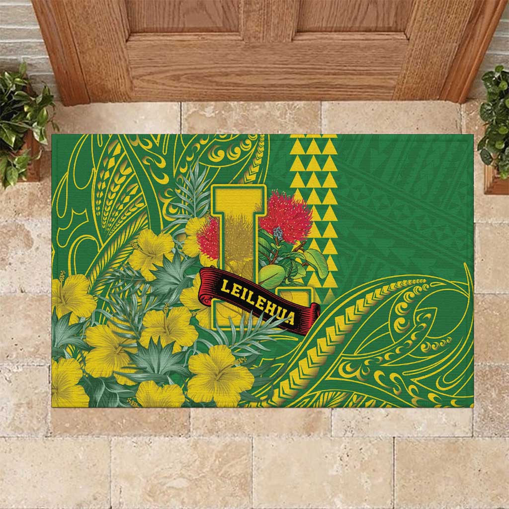 Hawaii Leilehua High School Rubber Doormat Tribal Tattoo With Hibiscus Flowers