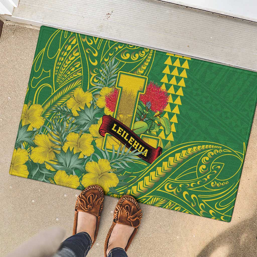 Hawaii Leilehua High School Rubber Doormat Tribal Tattoo With Hibiscus Flowers