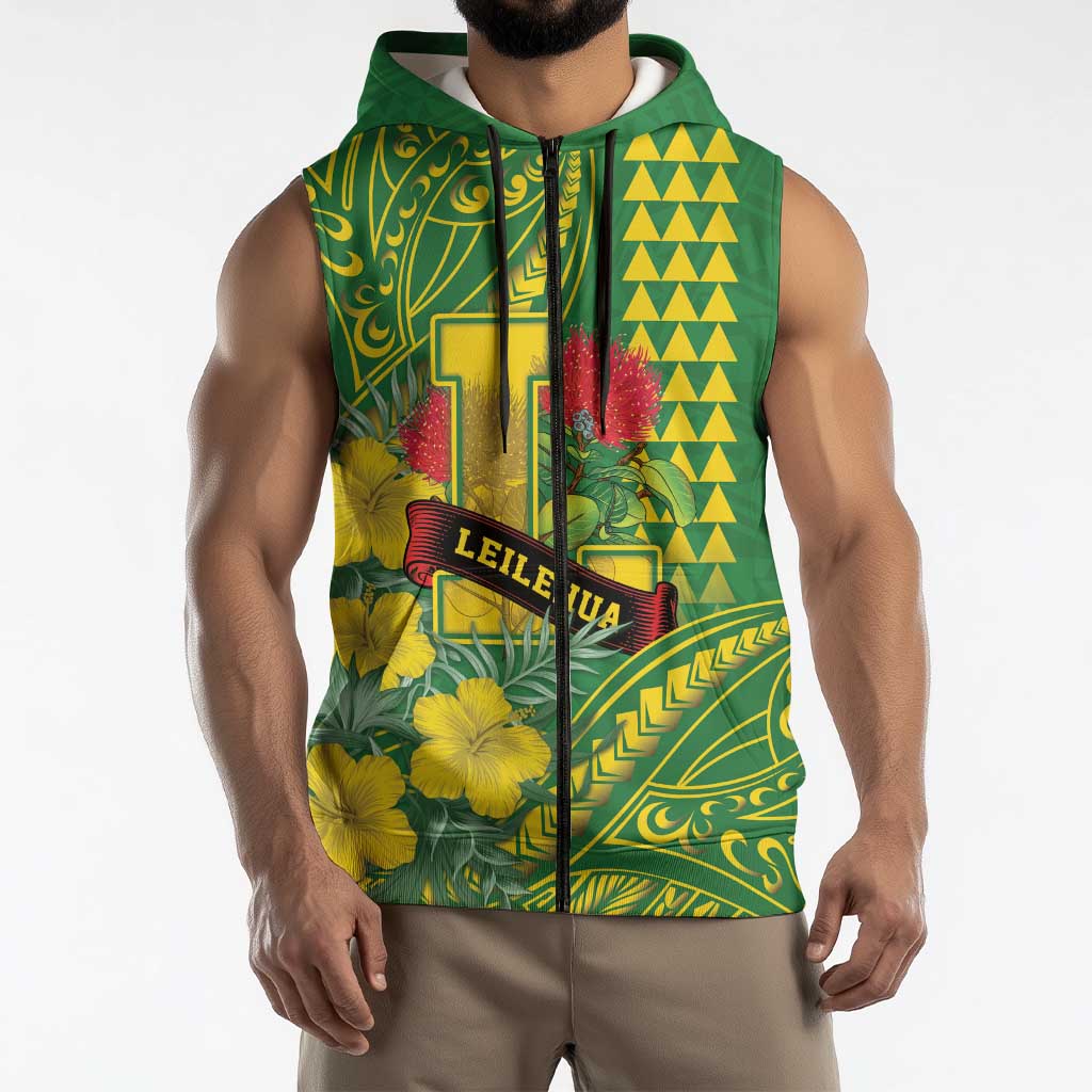 Personalised Hawaii Leilehua High School Sleeveless Zip Hoodie Tribal Tattoo With Hibiscus Flowers