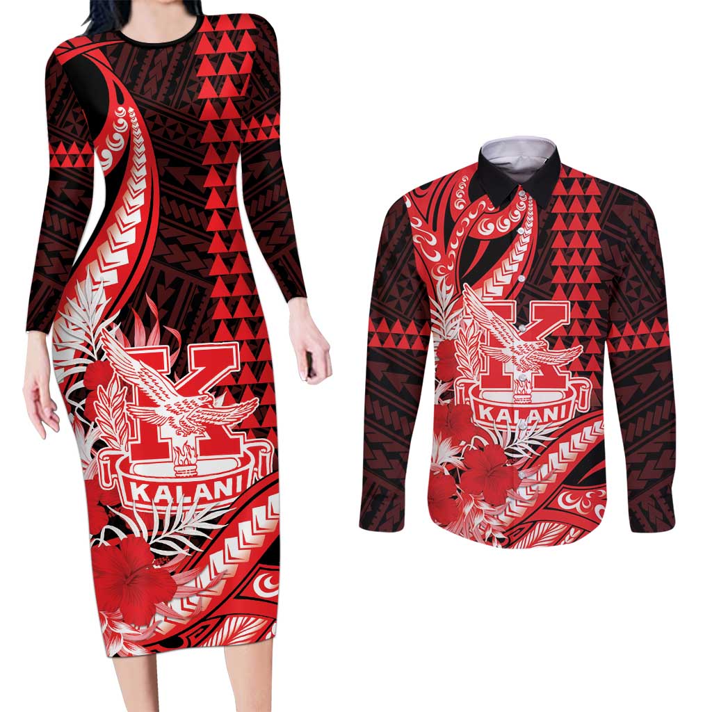 Personalised Hawaii Kalani High School Couples Matching Long Sleeve Bodycon Dress and Long Sleeve Button Shirt Tribal Tattoo With Hibiscus Flowers LT05 Red - Polynesian Pride