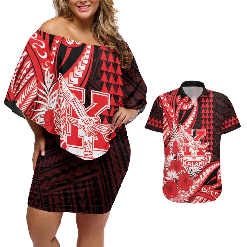 Personalised Hawaii Kalani High School Couples Matching Off Shoulder Short Dress and Hawaiian Shirt Tribal Tattoo With Hibiscus Flowers LT05 Red - Polynesian Pride