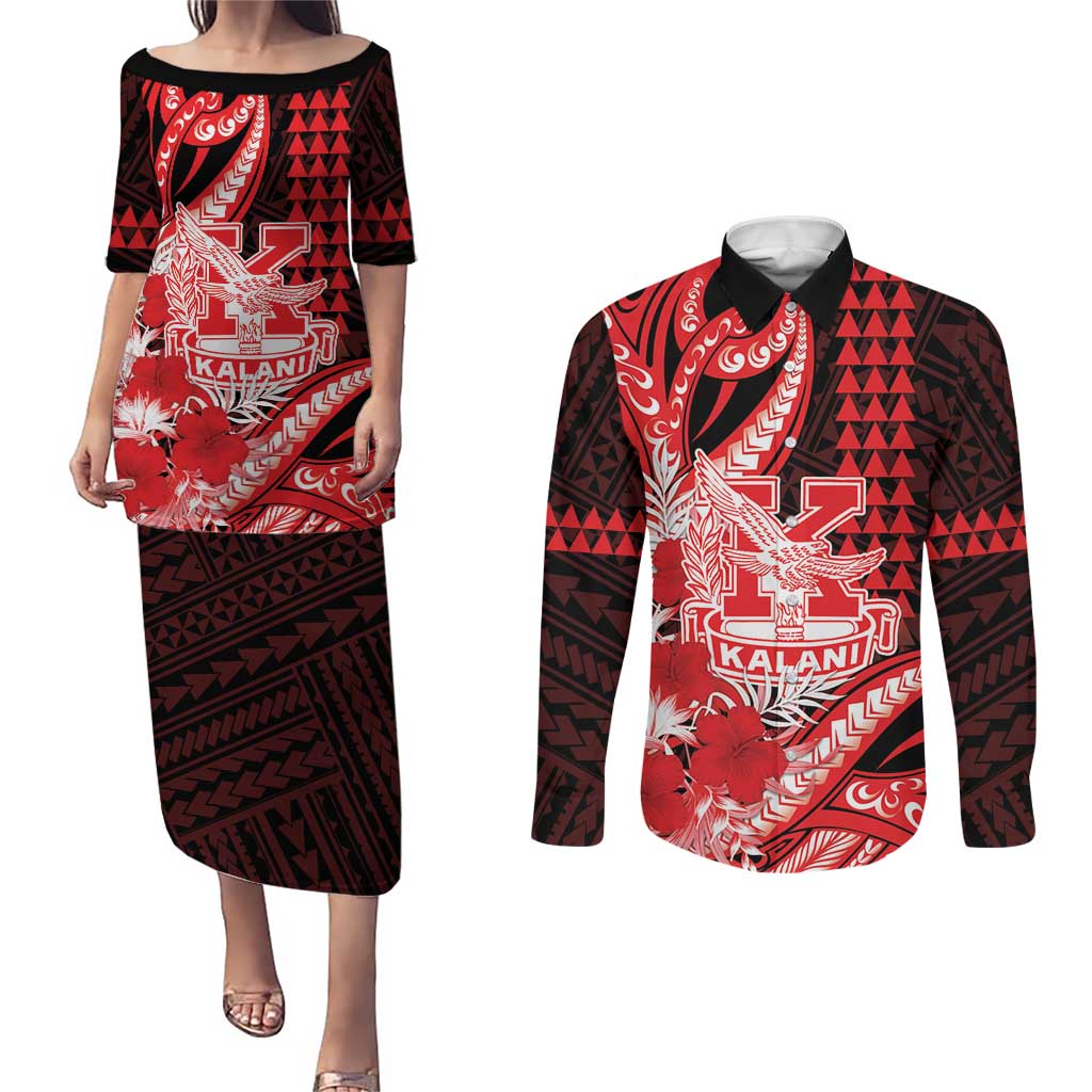 Personalised Hawaii Kalani High School Couples Matching Puletasi and Long Sleeve Button Shirt Tribal Tattoo With Hibiscus Flowers LT05 Red - Polynesian Pride