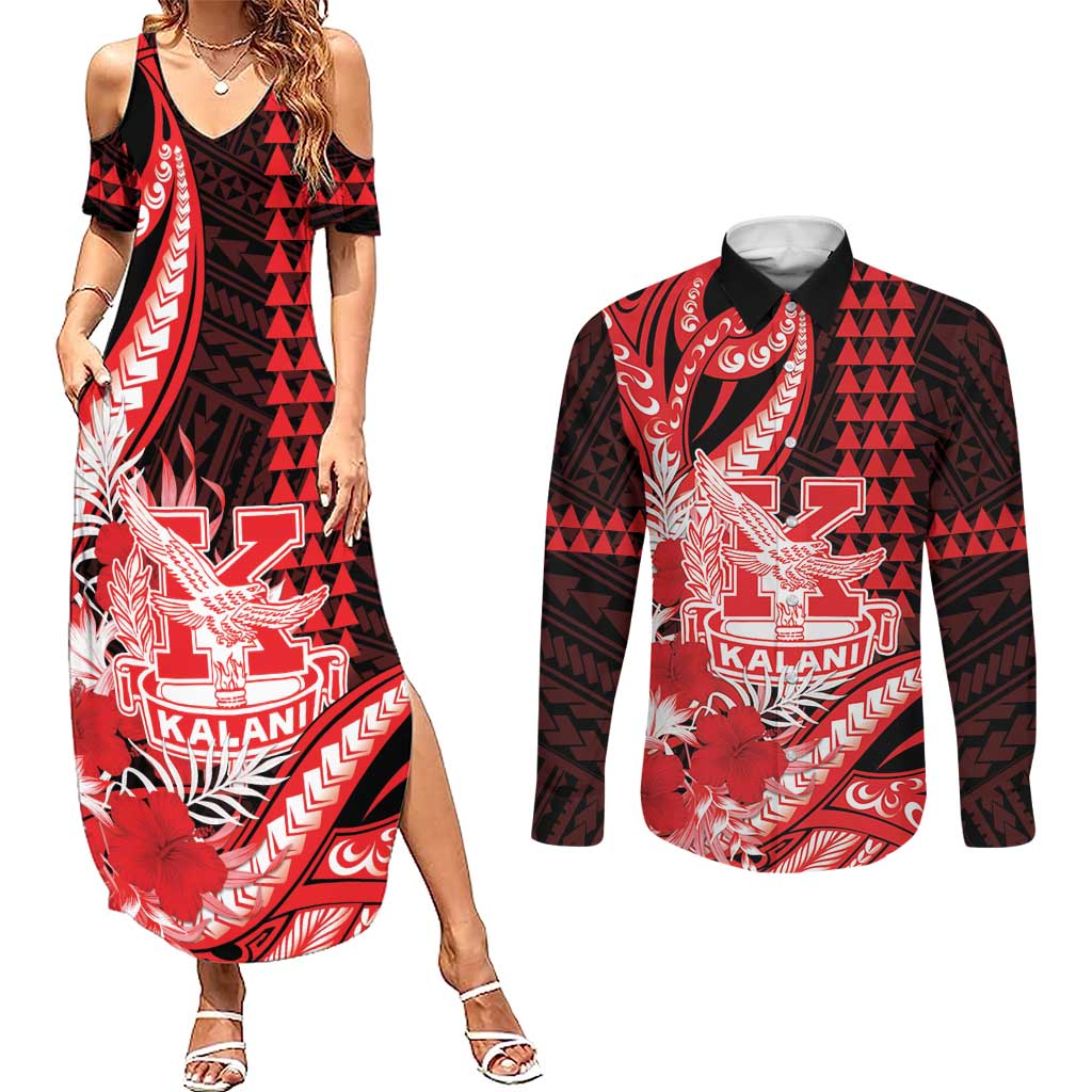 Personalised Hawaii Kalani High School Couples Matching Summer Maxi Dress and Long Sleeve Button Shirt Tribal Tattoo With Hibiscus Flowers