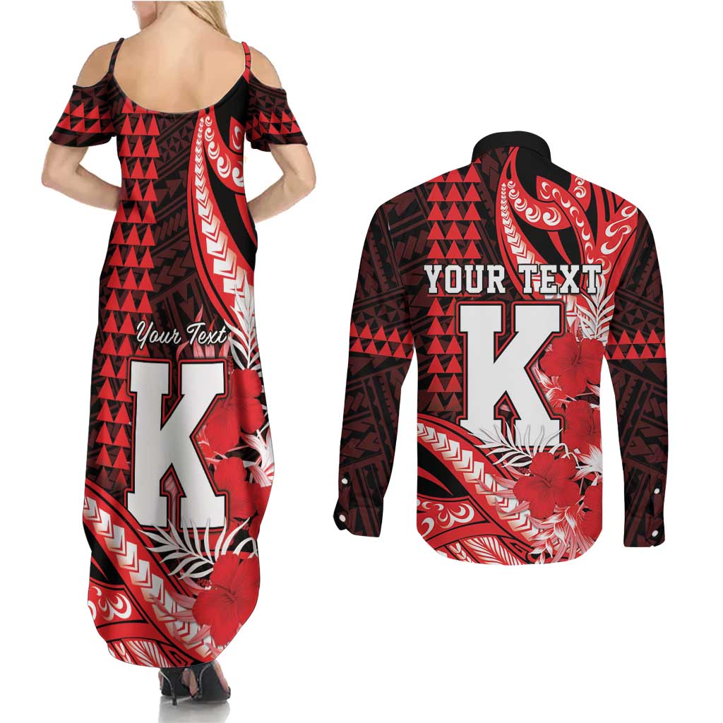 Personalised Hawaii Kalani High School Couples Matching Summer Maxi Dress and Long Sleeve Button Shirt Tribal Tattoo With Hibiscus Flowers