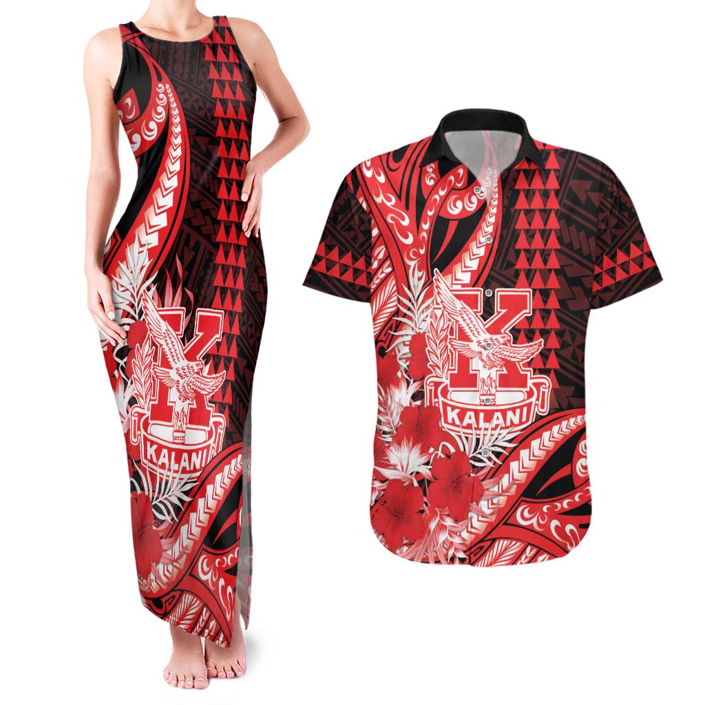 Personalised Hawaii Kalani High School Couples Matching Tank Maxi Dress and Hawaiian Shirt Tribal Tattoo With Hibiscus Flowers LT05 Red - Polynesian Pride