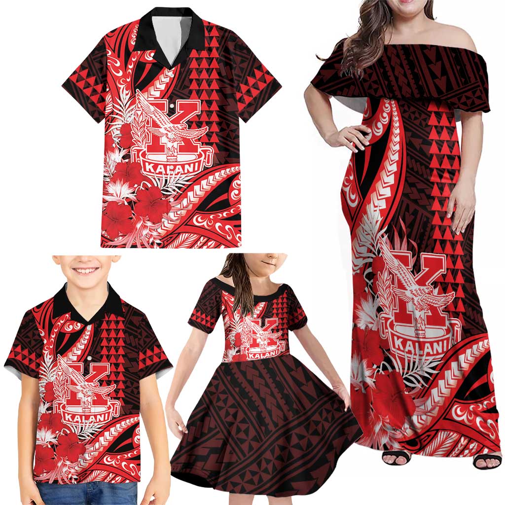 Personalised Hawaii Kalani High School Family Matching Off Shoulder Maxi Dress and Hawaiian Shirt Tribal Tattoo With Hibiscus Flowers