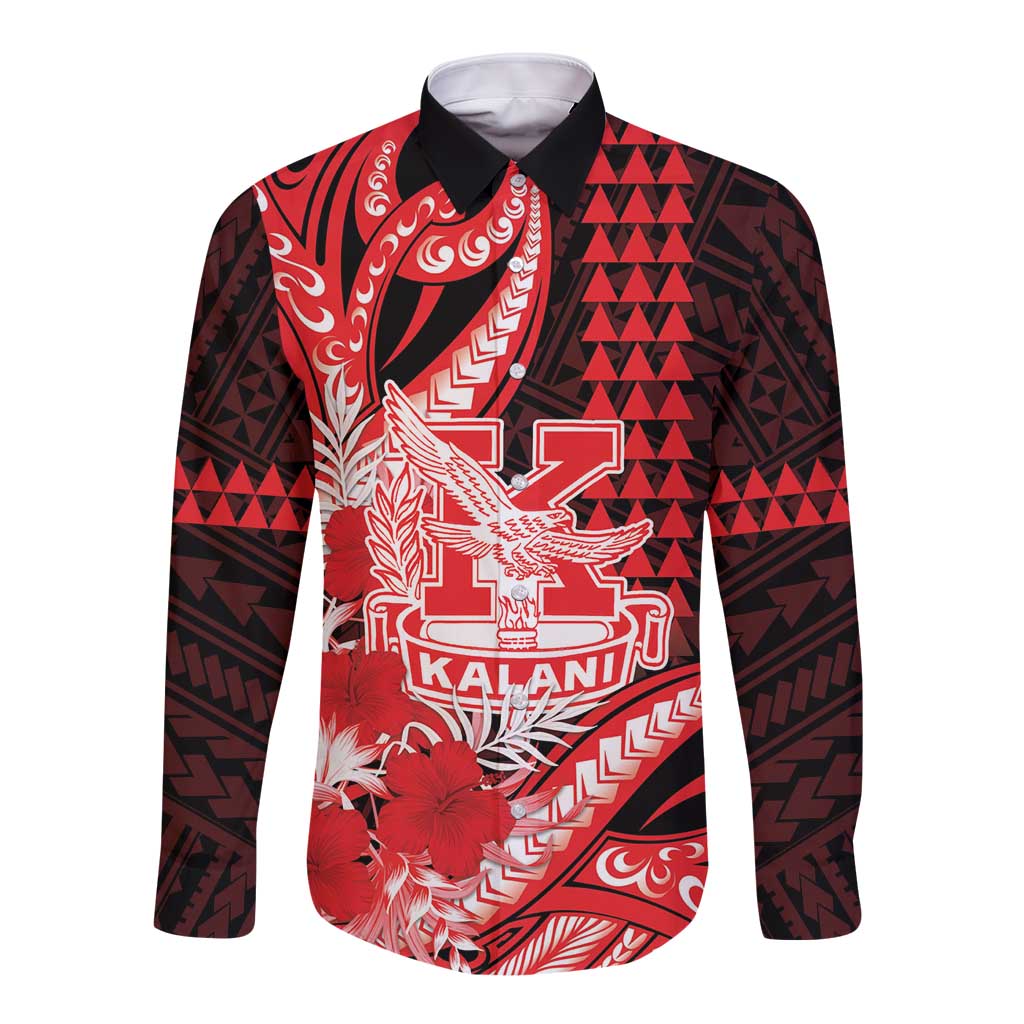 Personalised Hawaii Kalani High School Long Sleeve Button Shirt Tribal Tattoo With Hibiscus Flowers LT05 Unisex Red - Polynesian Pride
