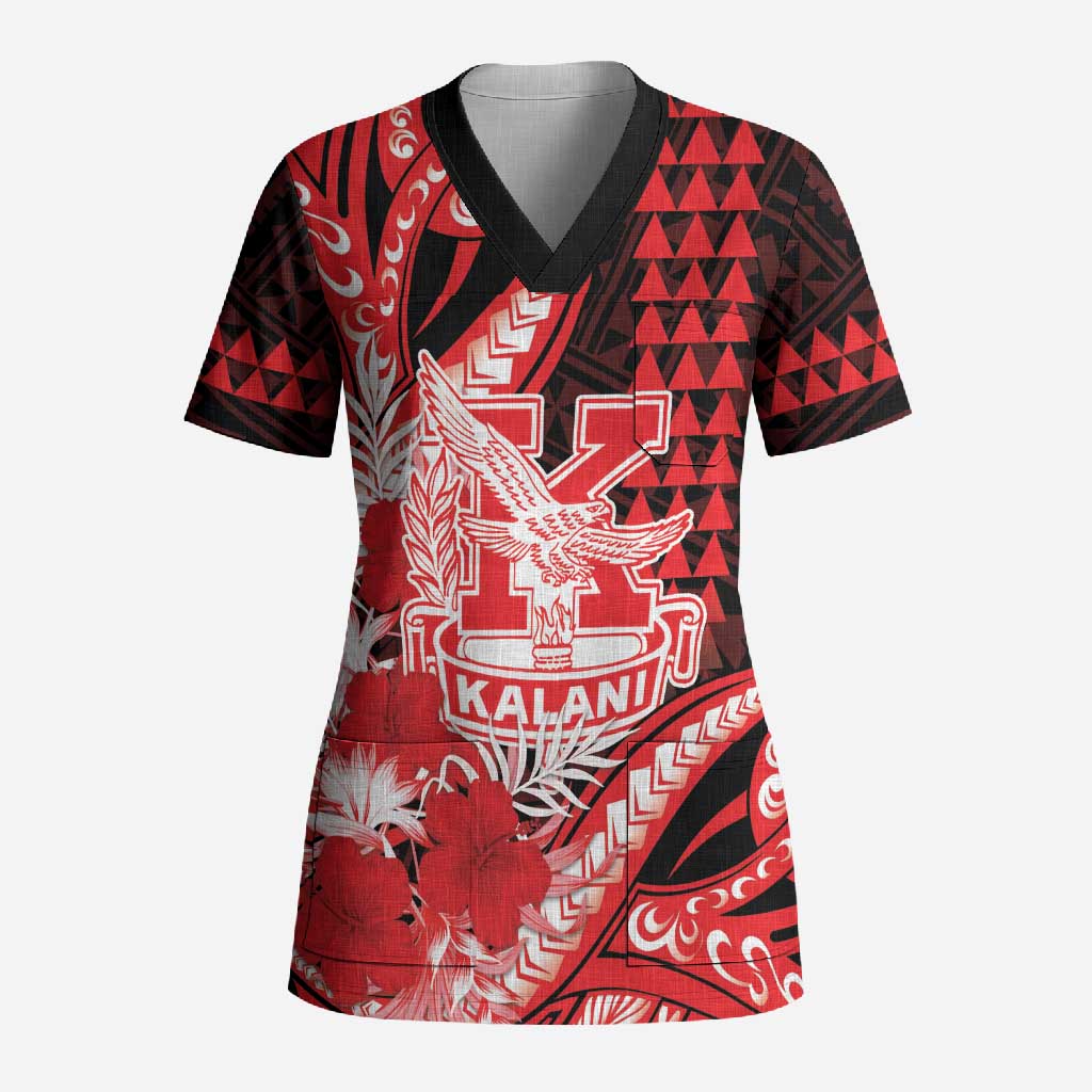 Personalised Hawaii Kalani High School Scrub Top Tribal Tattoo With Hibiscus Flowers LT05 Adult Red - Polynesian Pride