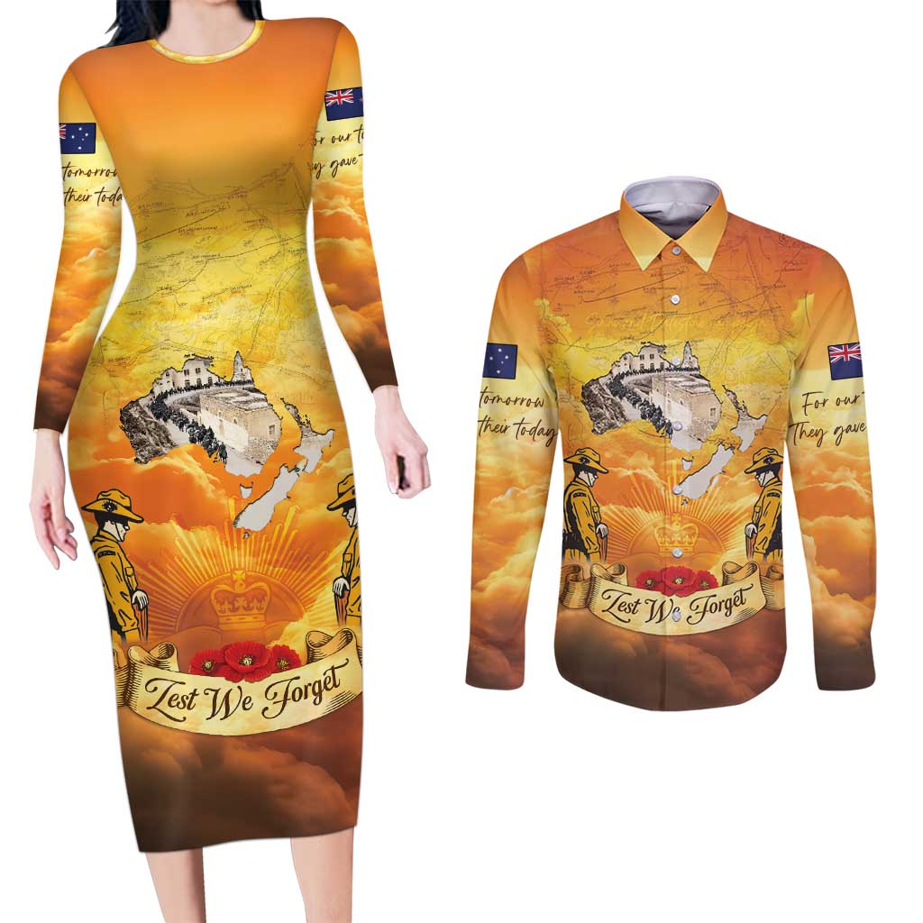 New Zealand And Australia ANZAC Day Couples Matching Long Sleeve Bodycon Dress and Long Sleeve Button Shirt Sinai Palestine Campaign Lest We Forget