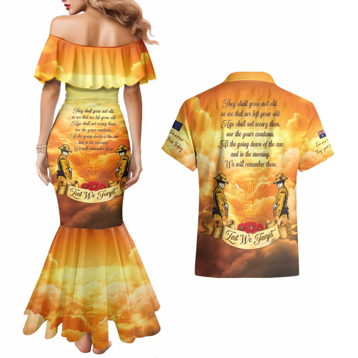 New Zealand And Australia ANZAC Day Couples Matching Mermaid Dress and Hawaiian Shirt Sinai Palestine Campaign Lest We Forget