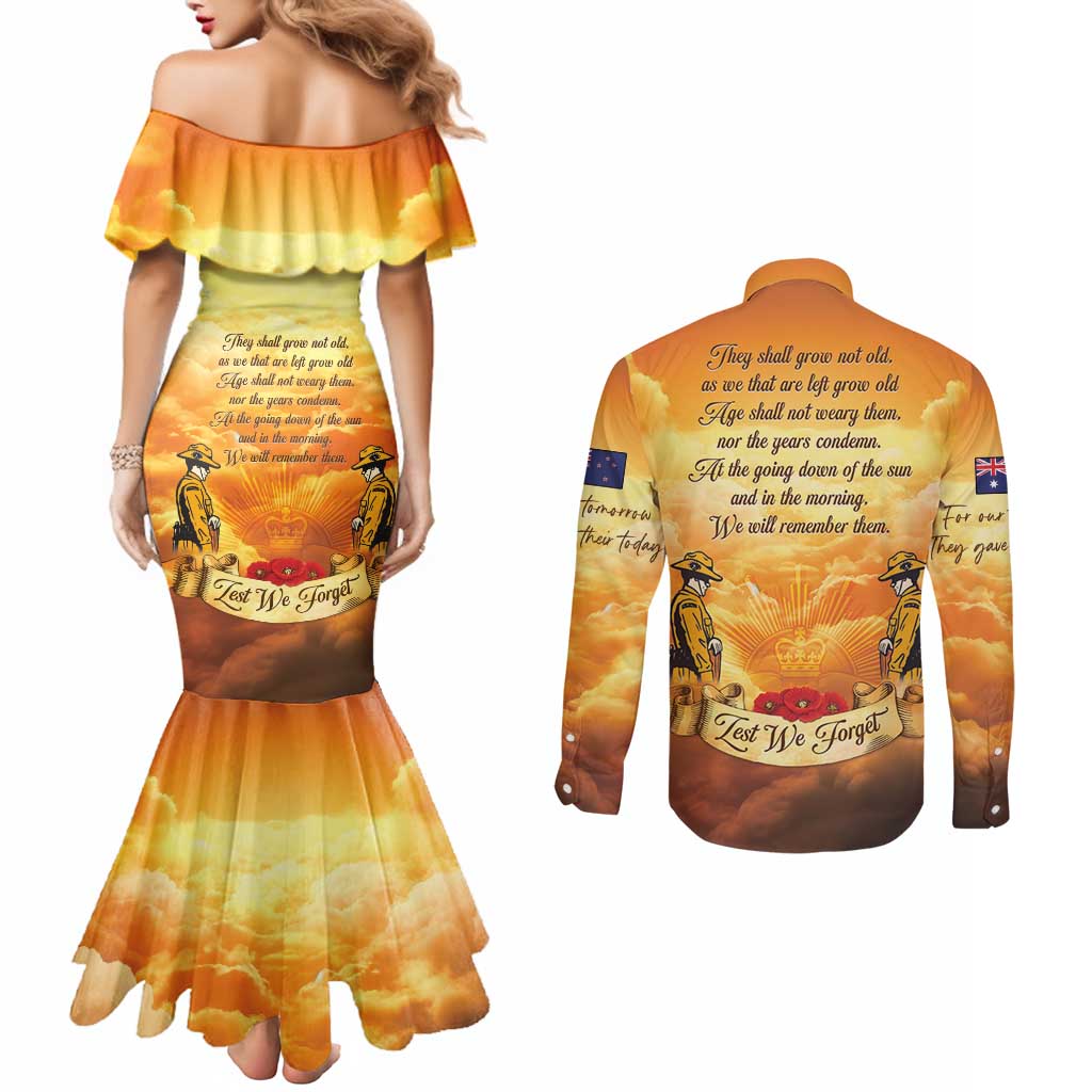 New Zealand And Australia ANZAC Day Couples Matching Mermaid Dress and Long Sleeve Button Shirt Sinai Palestine Campaign Lest We Forget