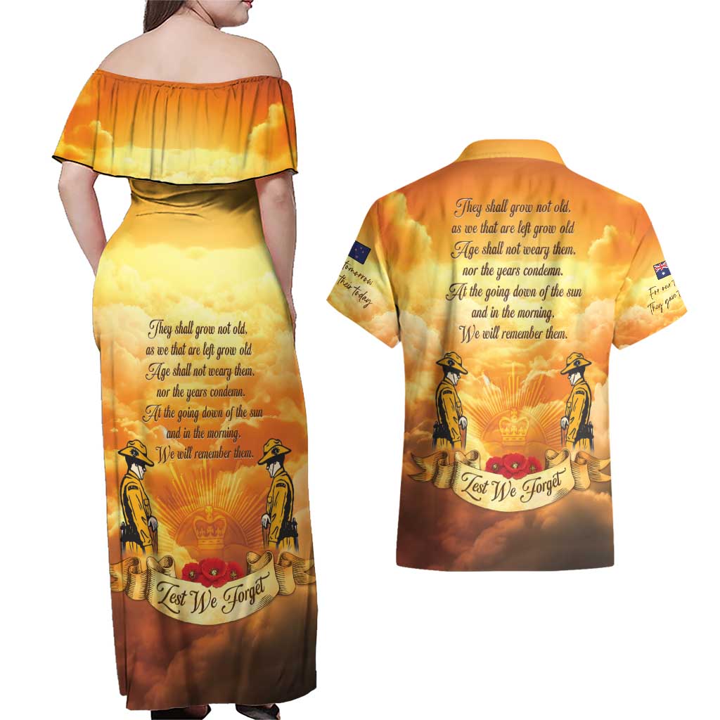 New Zealand And Australia ANZAC Day Couples Matching Off Shoulder Maxi Dress and Hawaiian Shirt Sinai Palestine Campaign Lest We Forget