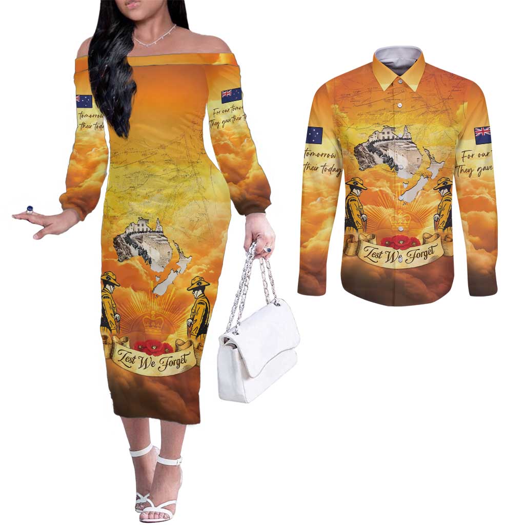 New Zealand And Australia ANZAC Day Couples Matching Off The Shoulder Long Sleeve Dress and Long Sleeve Button Shirt Sinai Palestine Campaign Lest We Forget