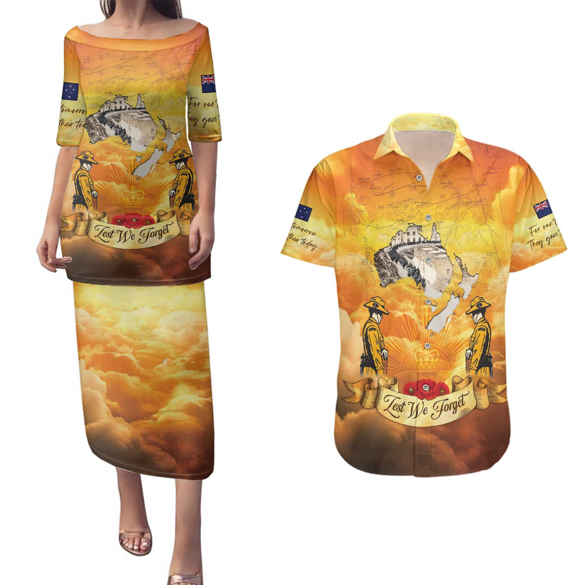 New Zealand And Australia ANZAC Day Couples Matching Puletasi and Hawaiian Shirt Sinai Palestine Campaign Lest We Forget