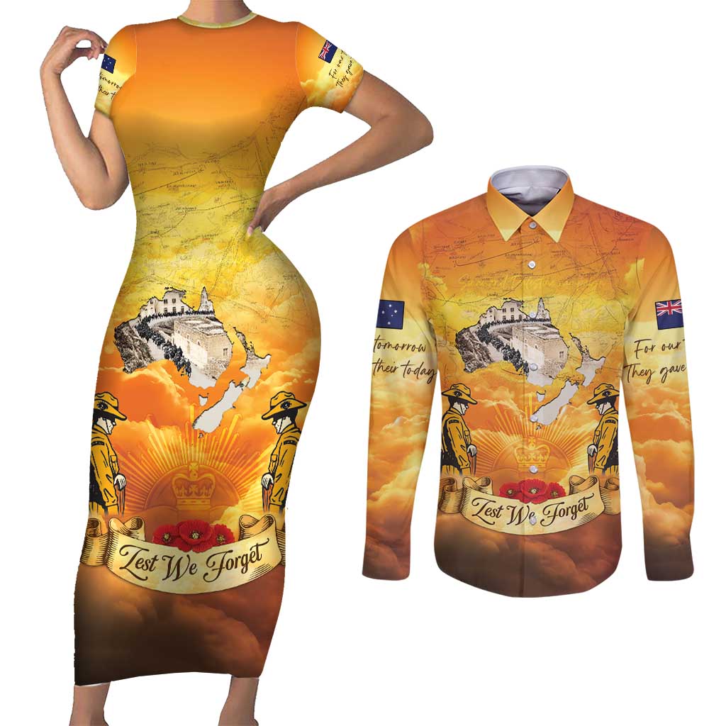 New Zealand And Australia ANZAC Day Couples Matching Short Sleeve Bodycon Dress and Long Sleeve Button Shirt Sinai Palestine Campaign Lest We Forget