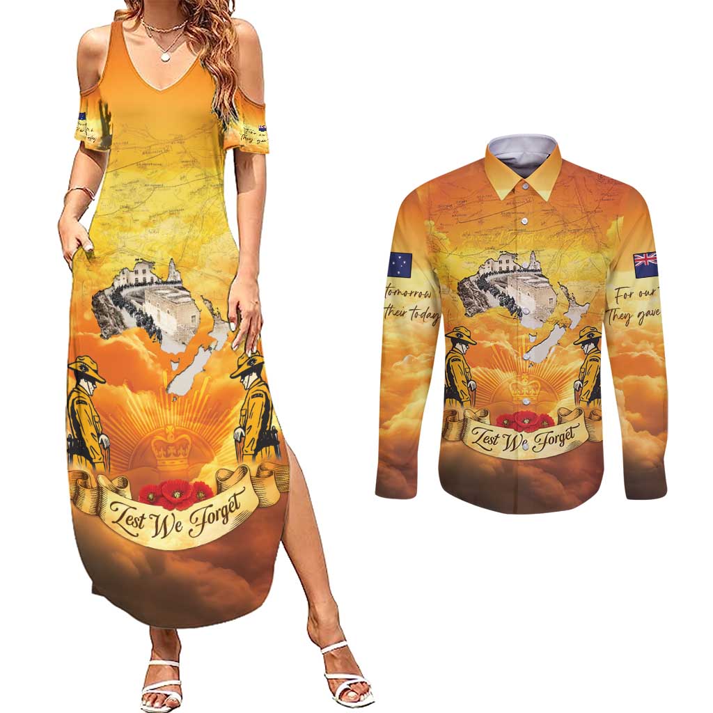 New Zealand And Australia ANZAC Day Couples Matching Summer Maxi Dress and Long Sleeve Button Shirt Sinai Palestine Campaign Lest We Forget