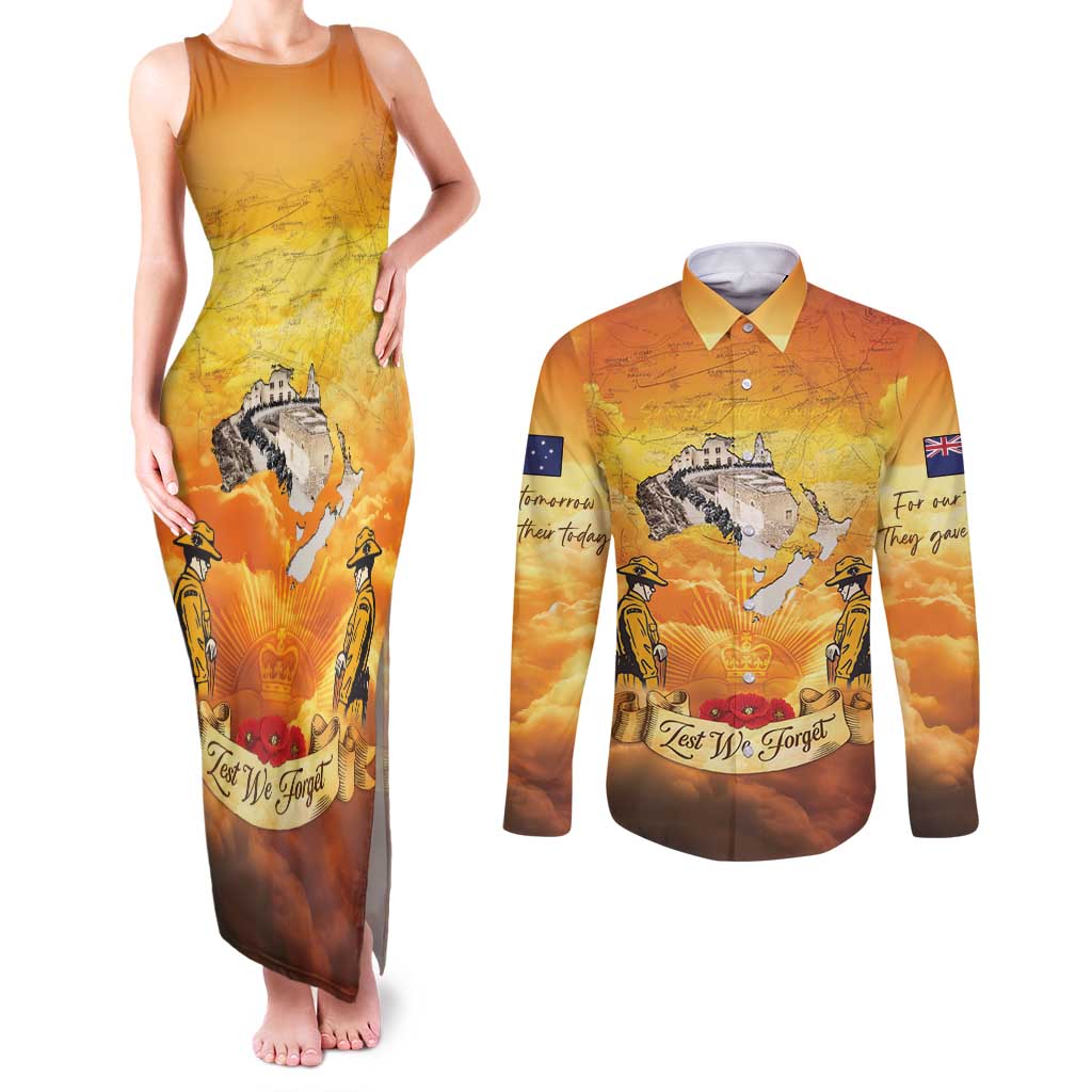 New Zealand And Australia ANZAC Day Couples Matching Tank Maxi Dress and Long Sleeve Button Shirt Sinai Palestine Campaign Lest We Forget