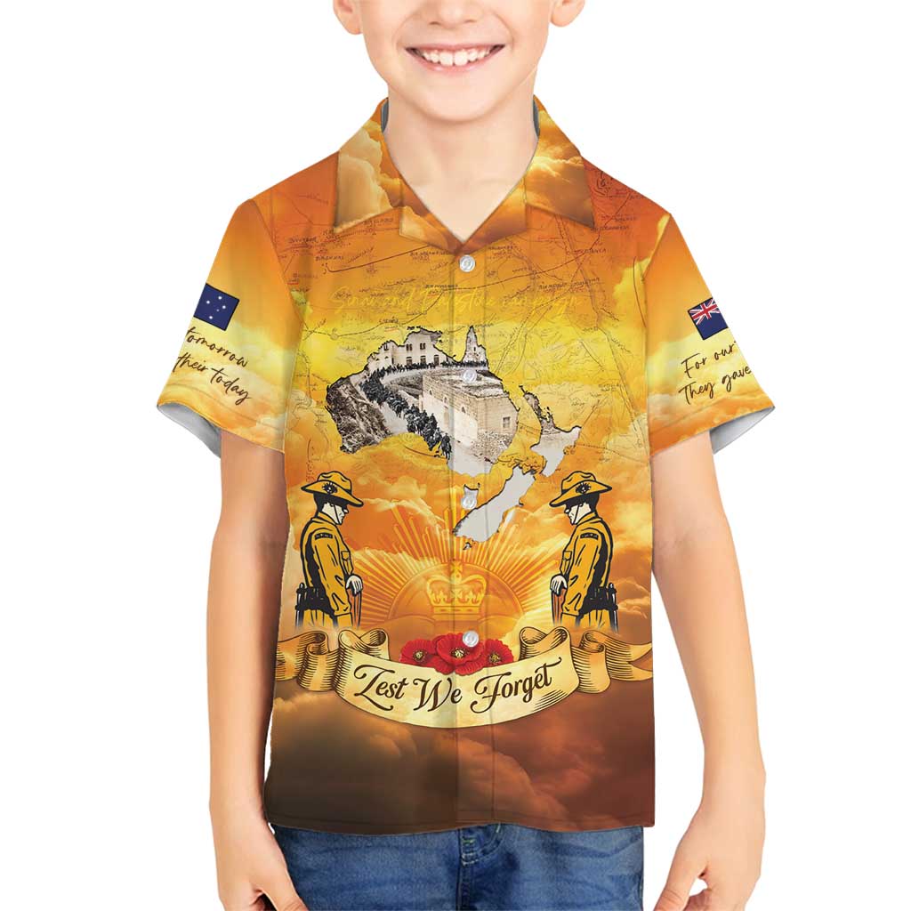 New Zealand And Australia ANZAC Day Family Matching Off Shoulder Maxi Dress and Hawaiian Shirt Sinai Palestine Campaign Lest We Forget LT05 Son's Shirt Orange - Polynesian Pride