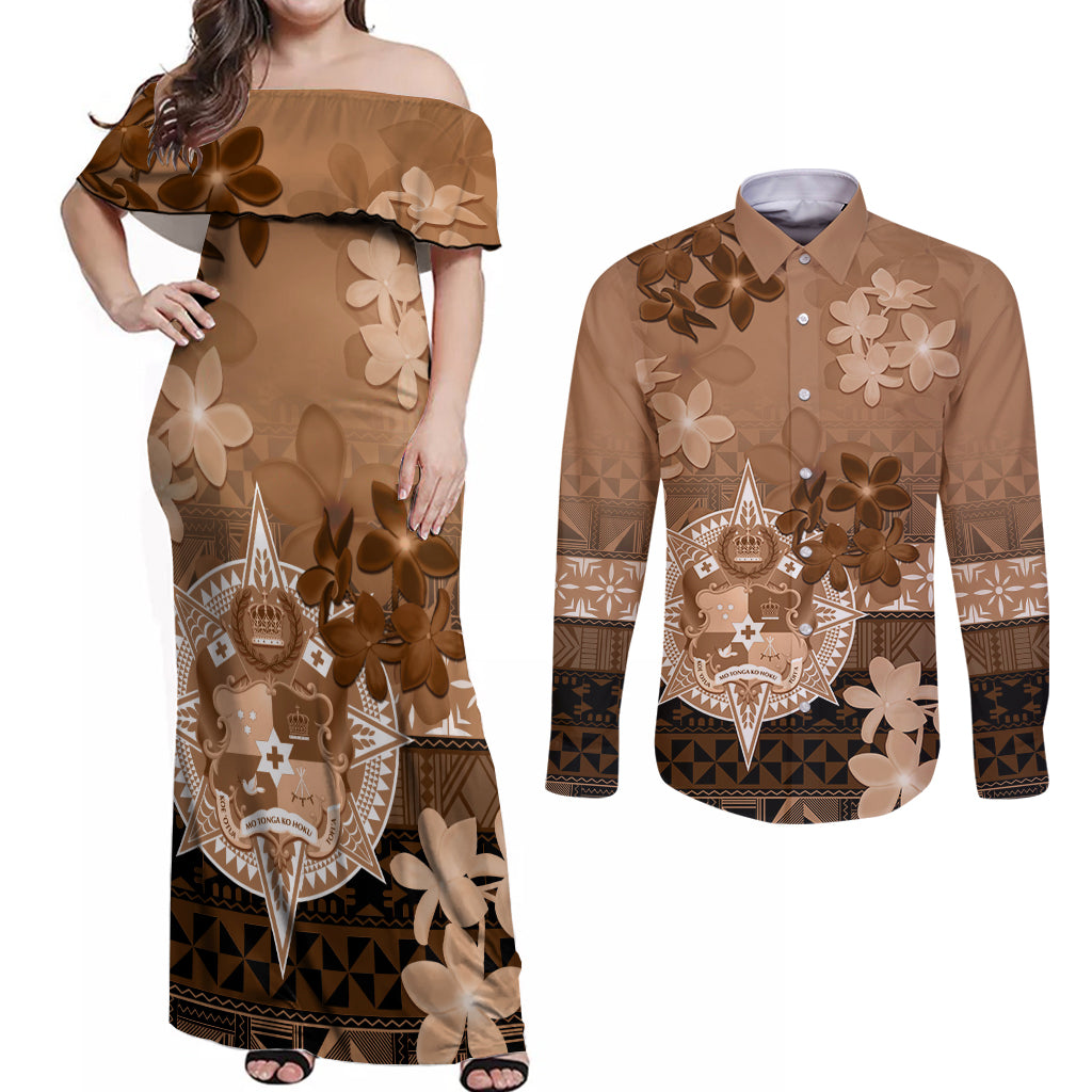 Tonga Emancipation Day Couples Matching Off Shoulder Maxi Dress and Long Sleeve Button Shirt Tongan Kupesi Ngatu Pattern Vintage Style LT05 Brown - Polynesian Pride