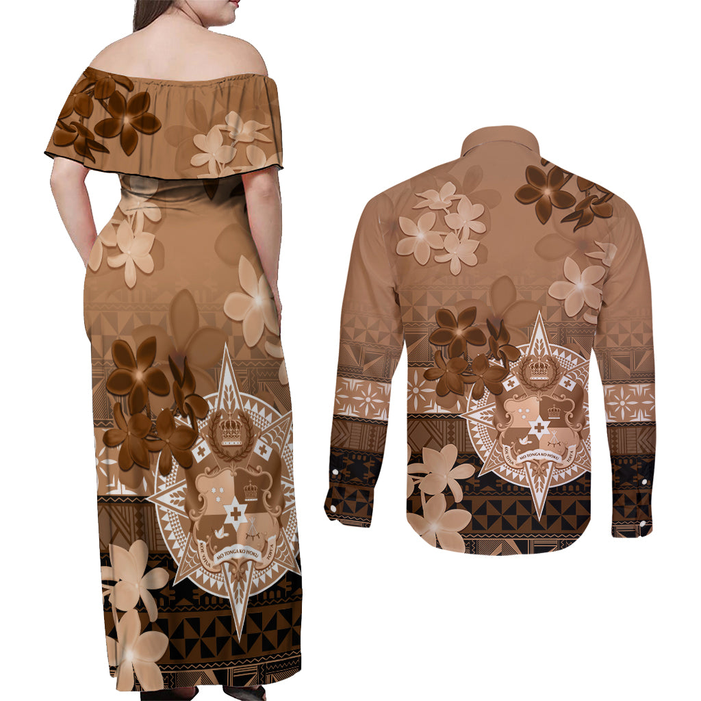 Tonga Emancipation Day Couples Matching Off Shoulder Maxi Dress and Long Sleeve Button Shirt Tongan Kupesi Ngatu Pattern Vintage Style LT05 - Polynesian Pride