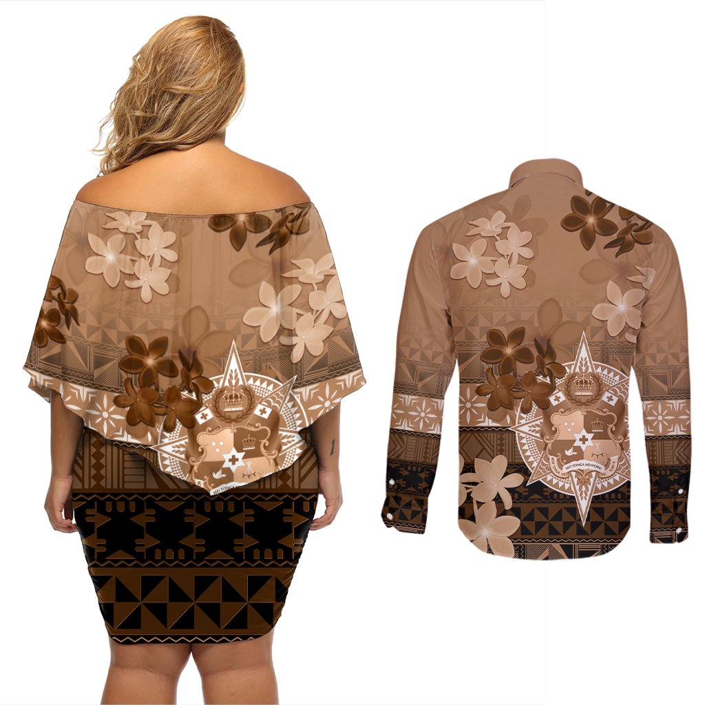 Tonga Emancipation Day Couples Matching Off Shoulder Short Dress and Long Sleeve Button Shirt Tongan Kupesi Ngatu Pattern Vintage Style LT05 - Polynesian Pride