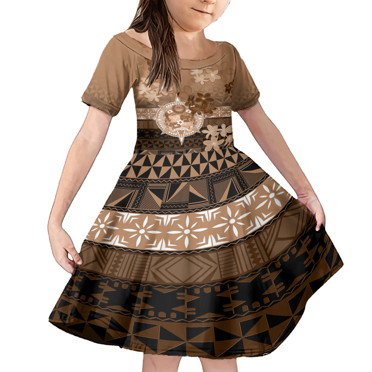 Tonga Emancipation Day Family Matching Off Shoulder Maxi Dress and Hawaiian Shirt Tongan Kupesi Ngatu Pattern Vintage Style LT05 Daughter's Dress Brown - Polynesian Pride