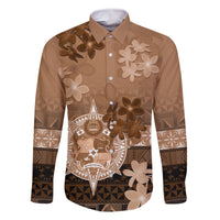 Tonga Emancipation Day Family Matching Off Shoulder Maxi Dress and Hawaiian Shirt Tongan Kupesi Ngatu Pattern Vintage Style LT05 Dad's Shirt - Long Sleeve Brown - Polynesian Pride