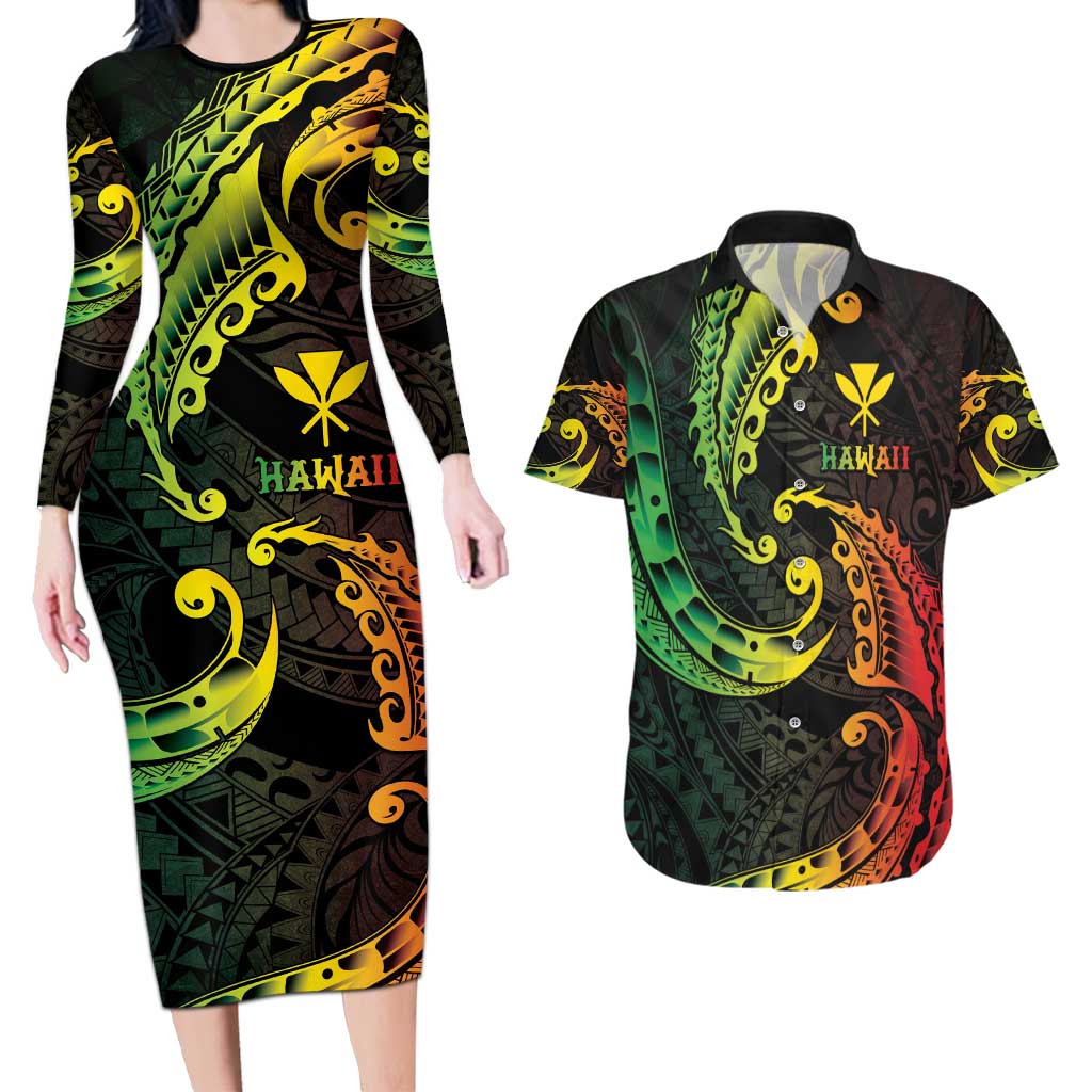 AAPI Heritage Month Couples Matching Long Sleeve Bodycon Dress and Hawaiian Shirt Kanaka Maoli Polynesian Tribal Wave